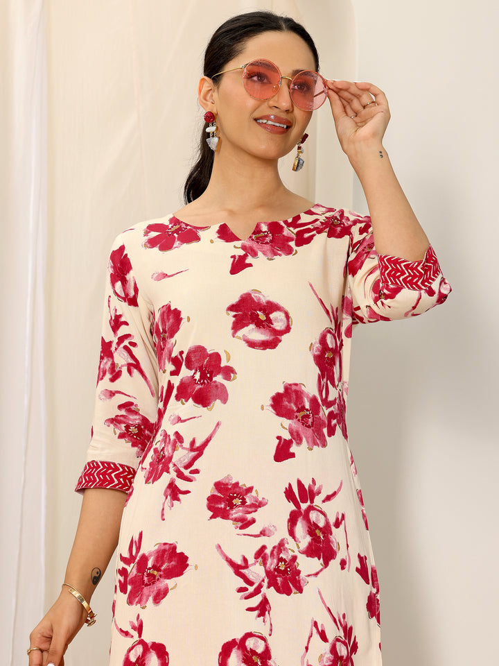 Red Printed Viscose Rayon Straight Kurta Set