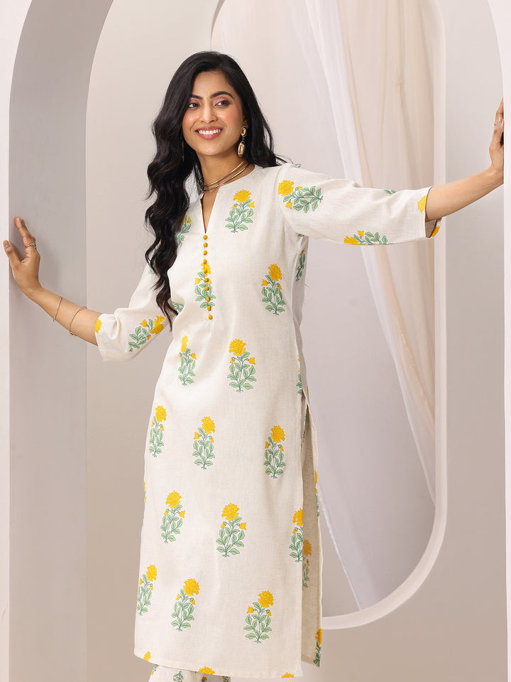 Off white Printed Cotton Straight Kurta Set
