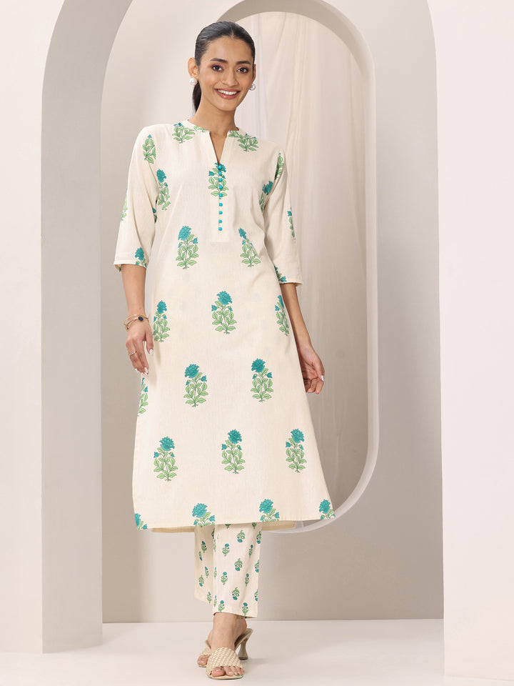 Off white Printed Cotton Straight Kurta Set