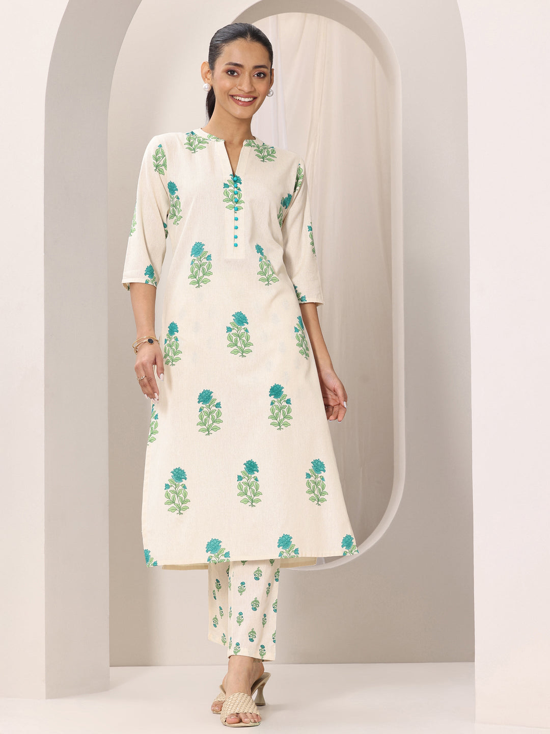Off white Printed Cotton Straight Kurta Set