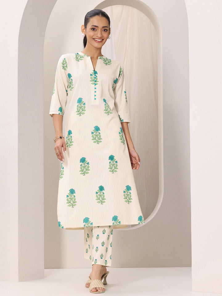 Off white Printed Cotton Straight Kurta Set