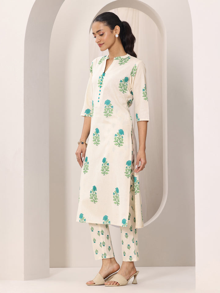Off white Printed Cotton Straight Kurta Set
