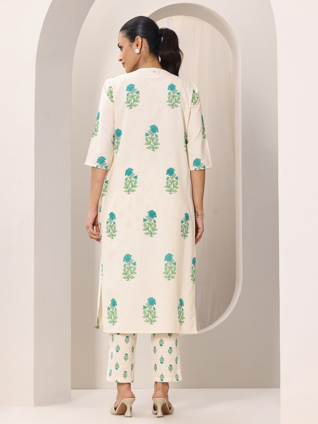 Off white Printed Cotton Straight Kurta Set