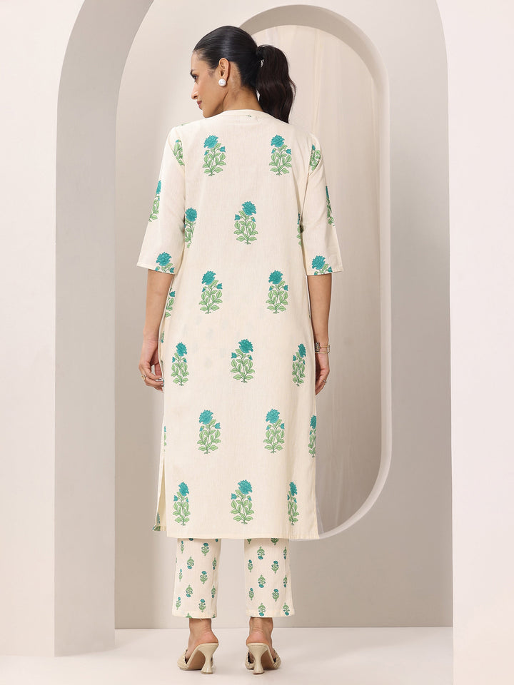 Off white Printed Cotton Straight Kurta Set