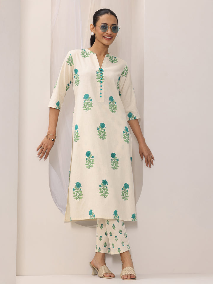 Off white Printed Cotton Straight Kurta Set