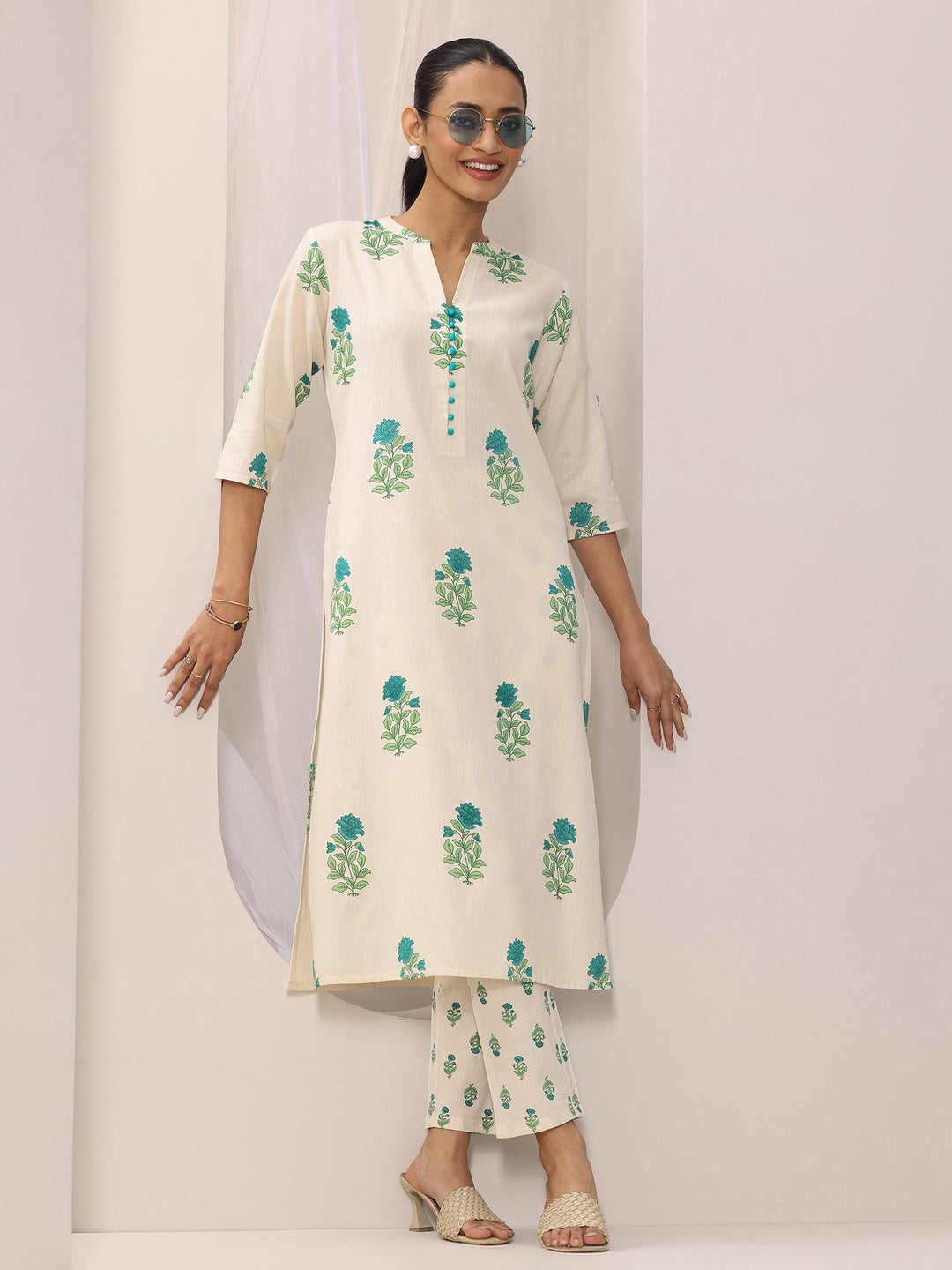 Off white Printed Cotton Straight Kurta Set
