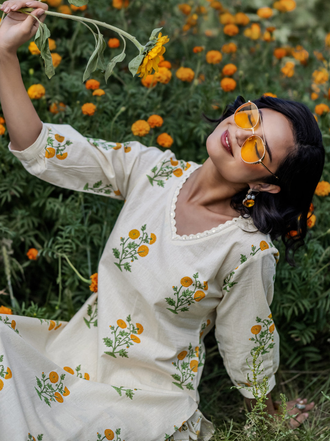 Off white Printed Cotton Straight Kurta Set