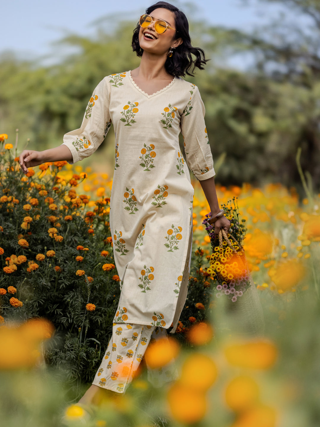 Off white Printed Cotton Straight Kurta Set