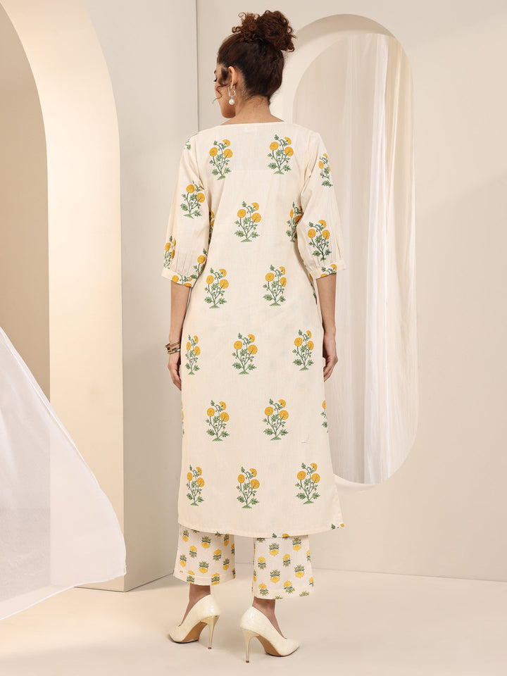 Off white Printed Cotton Straight Kurta Set