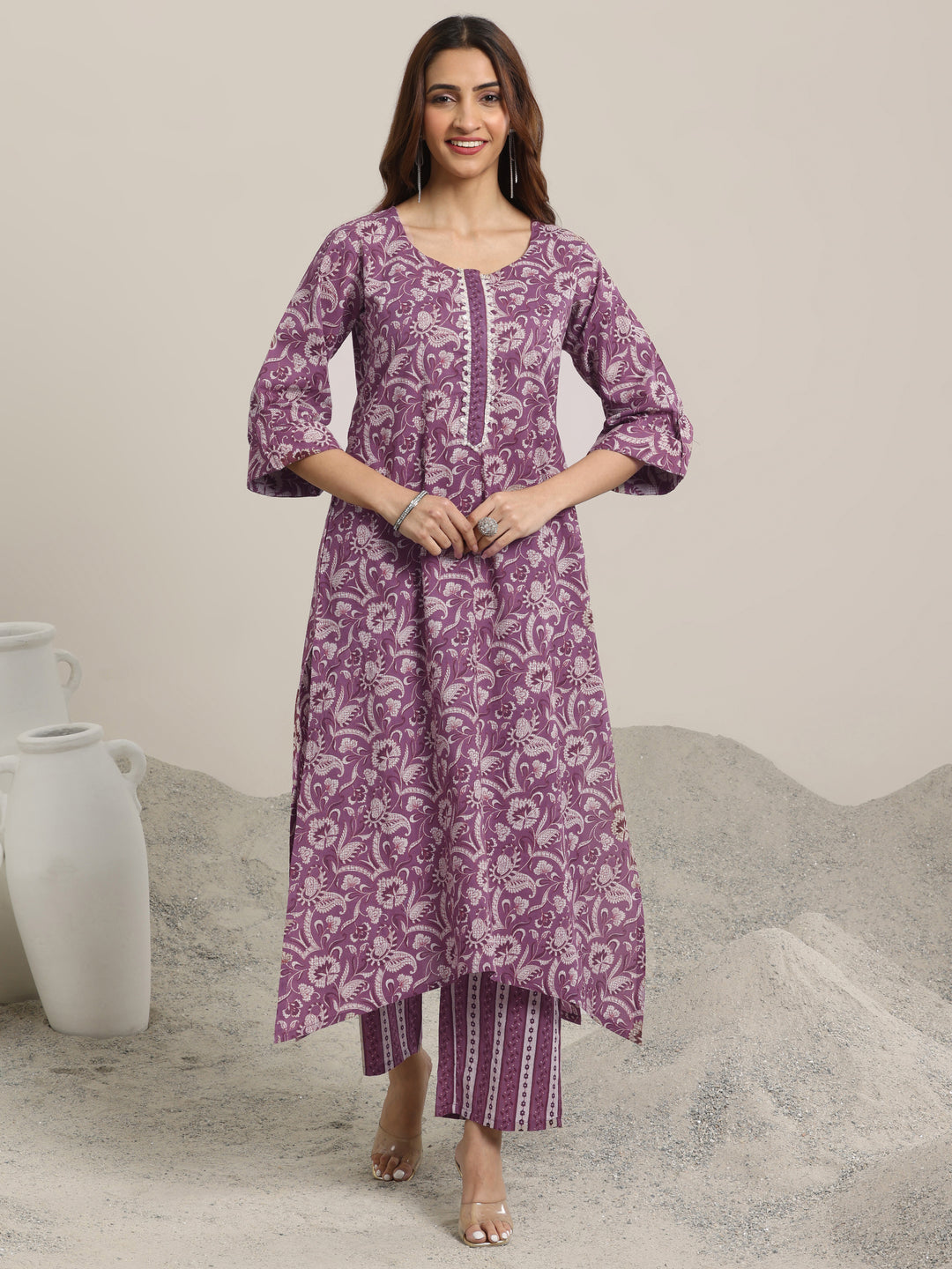 Mauve Printed Cotton Straight Kurta Set