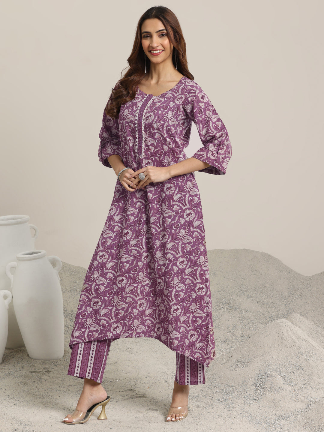 Mauve Printed Cotton Straight Kurta Set
