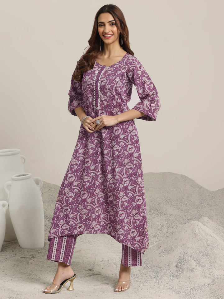 Mauve Printed Cotton Straight Kurta Set