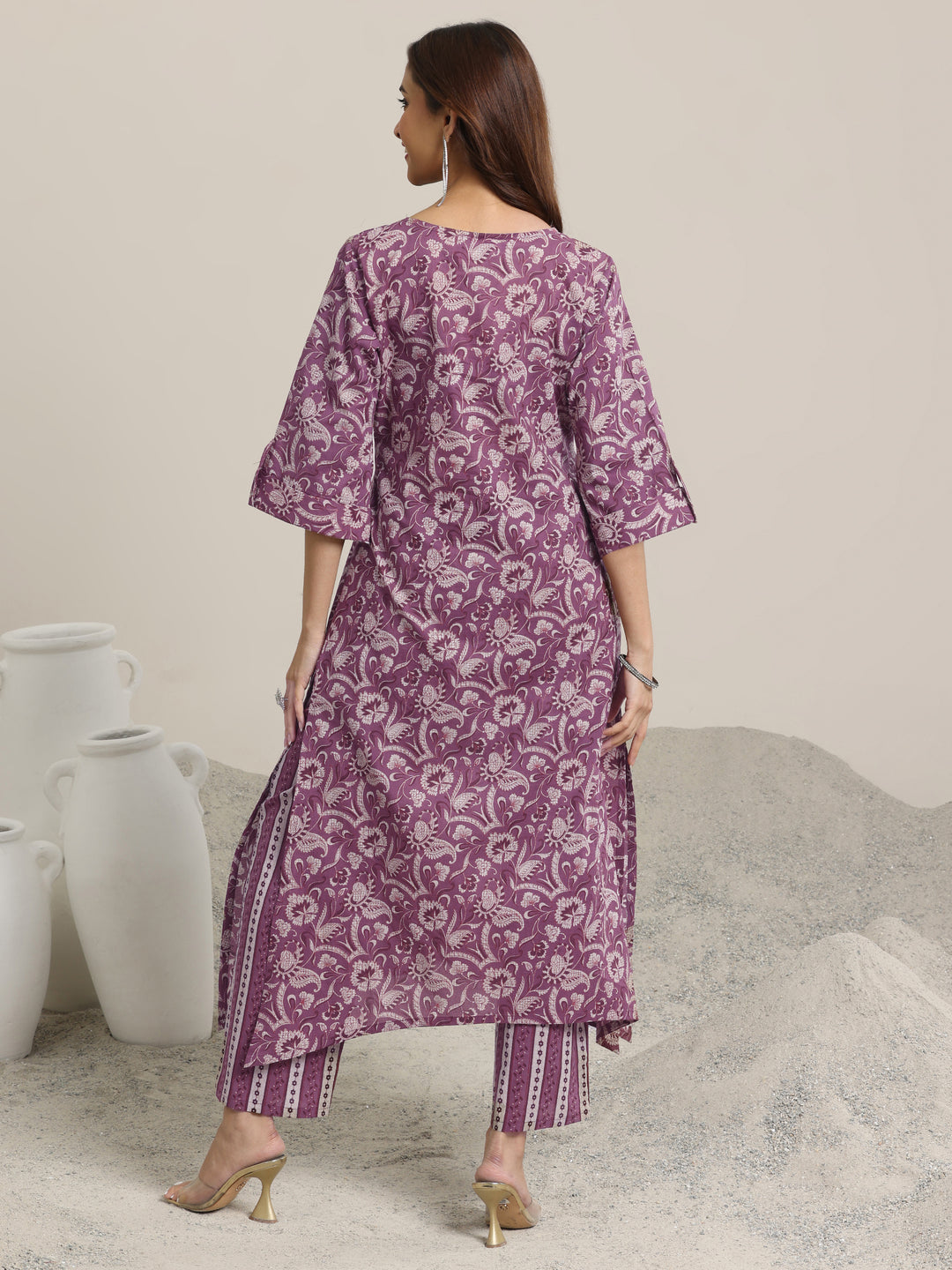 Mauve Printed Cotton Straight Kurta Set