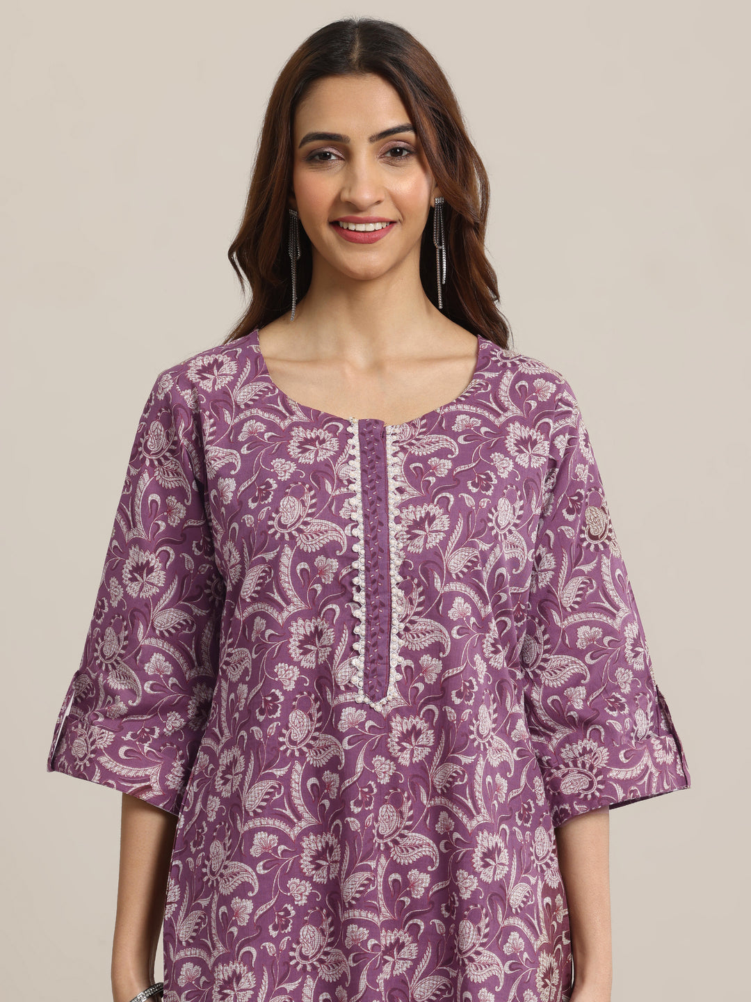 Mauve Printed Cotton Straight Kurta Set