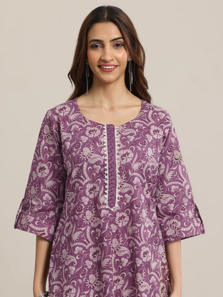 Mauve Printed Cotton Straight Kurta Set