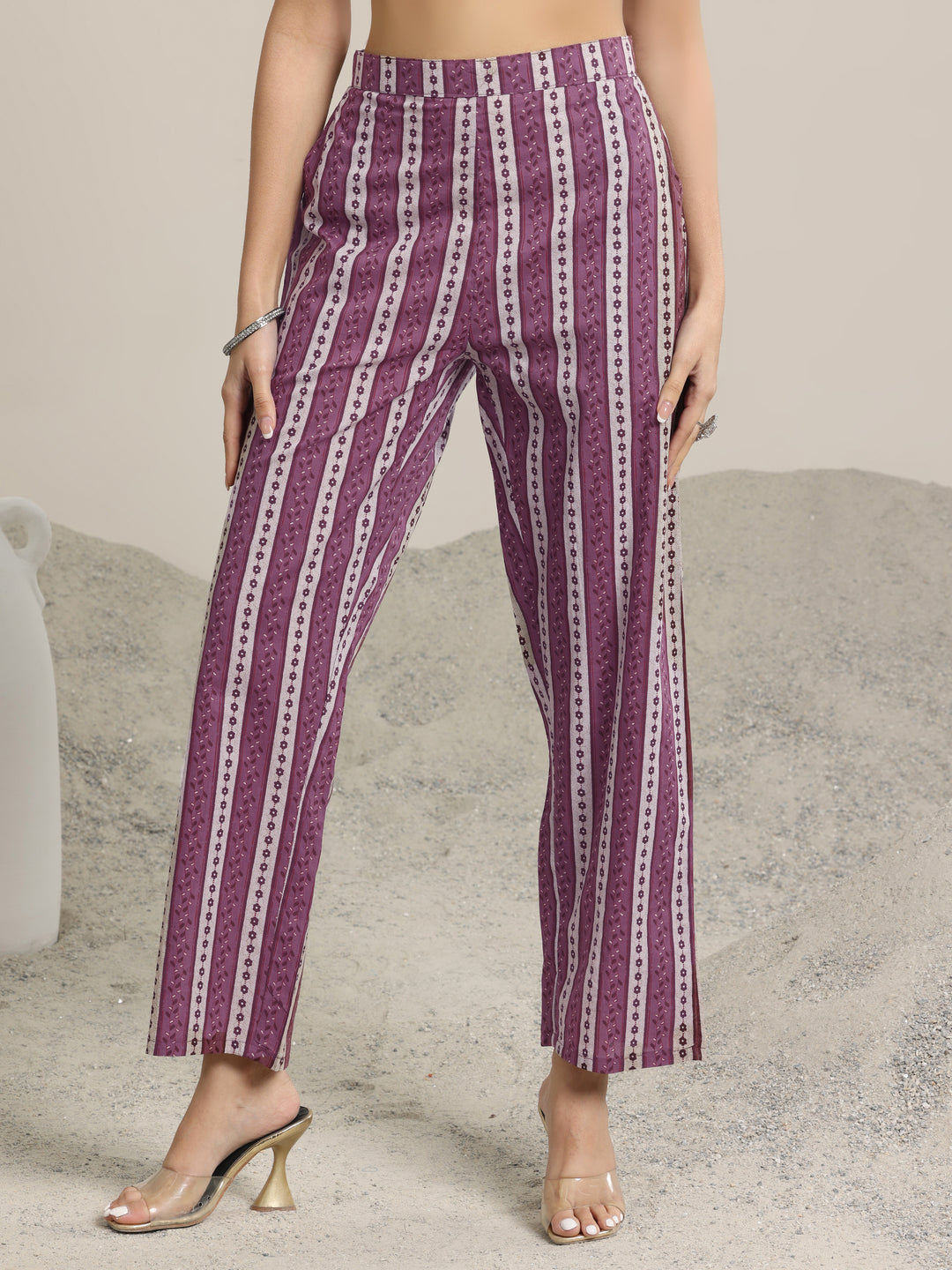 Mauve Printed Cotton Straight Kurta Set