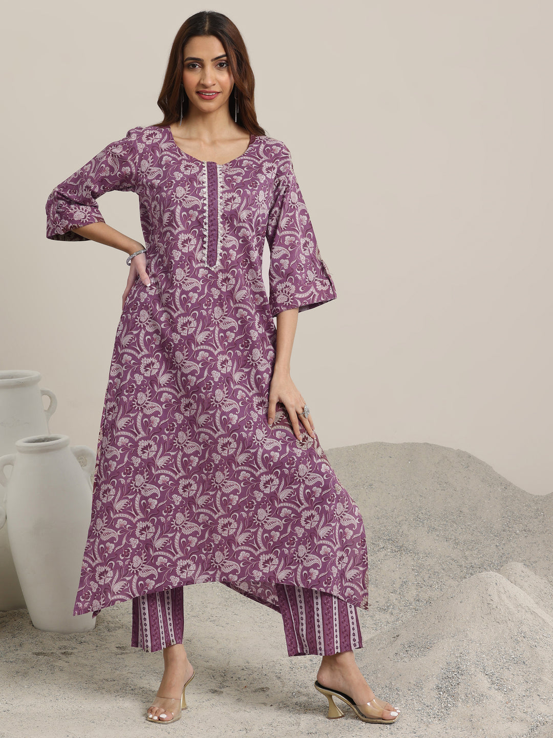 Mauve Printed Cotton Straight Kurta Set