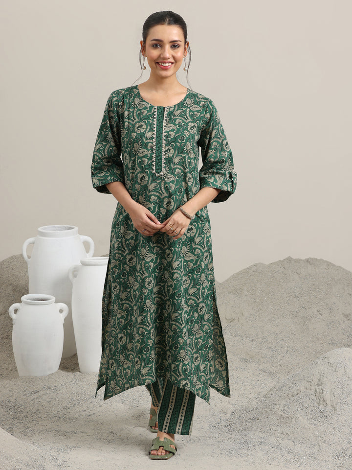 Green Printed Cotton Straight Kurta With Palazzos