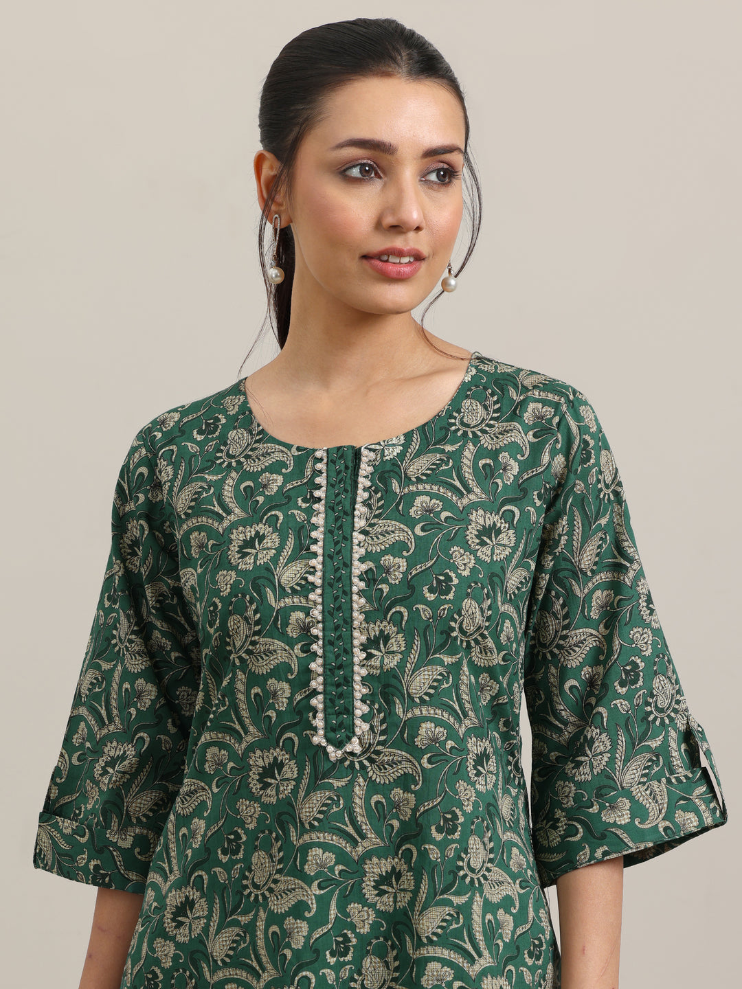 Green Printed Cotton Straight Kurta With Palazzos