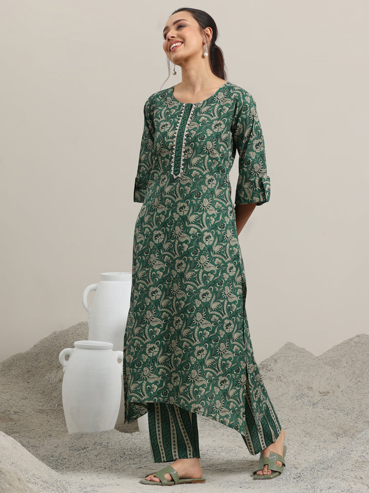 Green Printed Cotton Straight Kurta With Palazzos