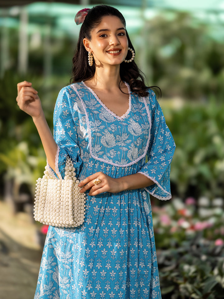 Blue Printed Pure Cotton A-Line Kurta Set