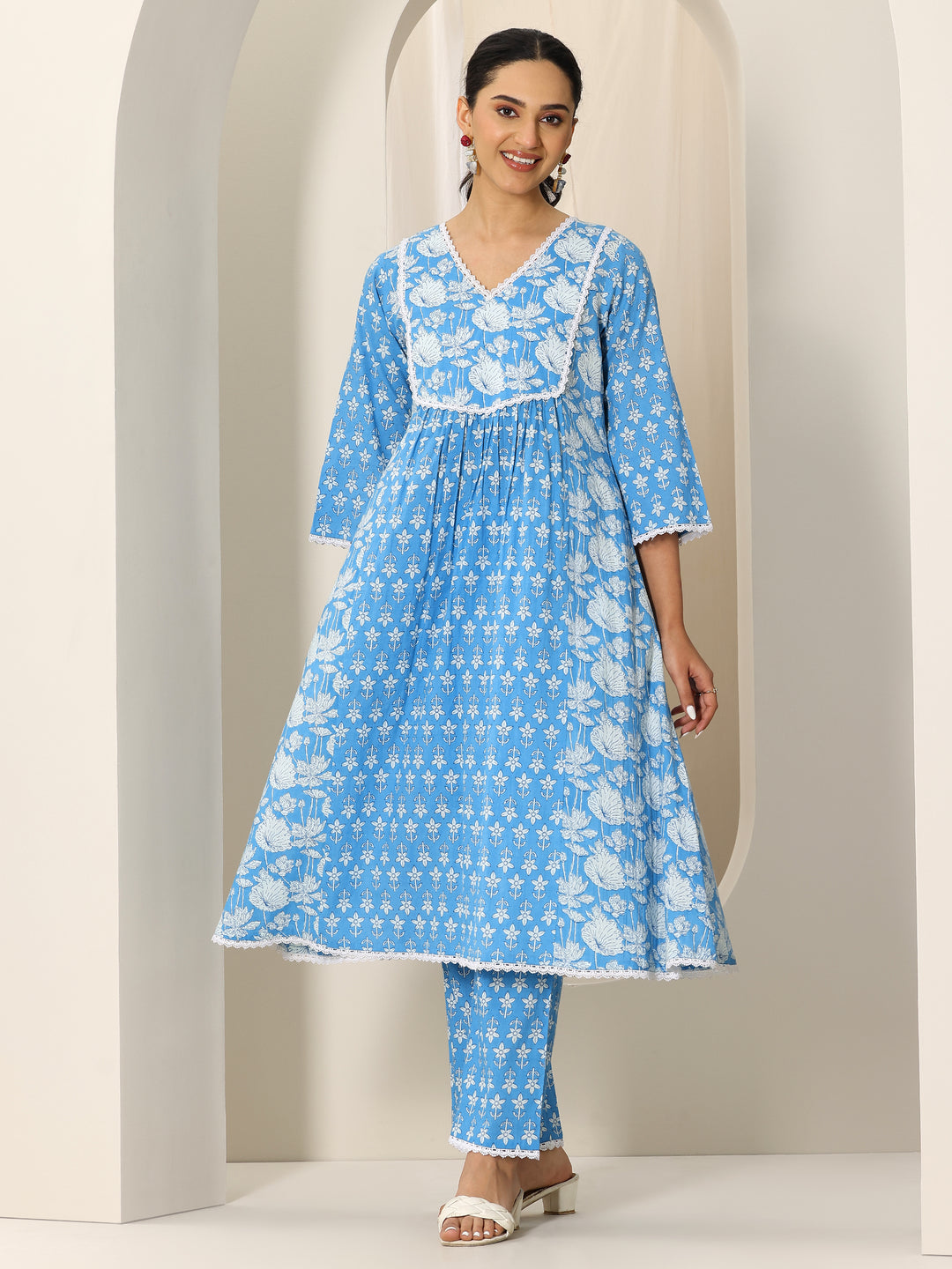 Blue Printed Pure Cotton A-Line Kurta Set