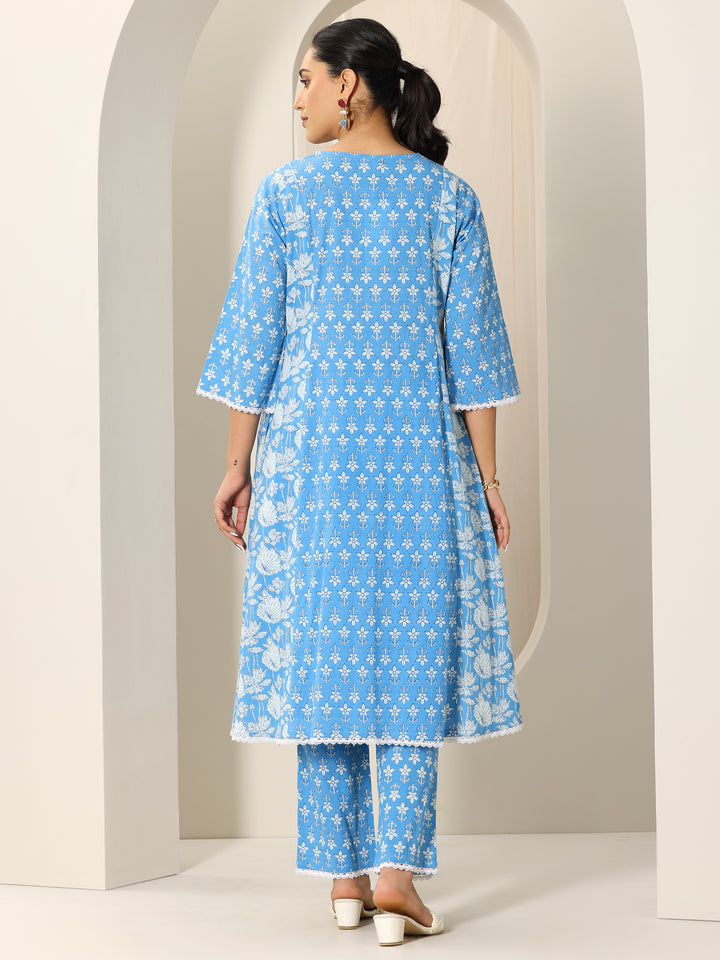 Blue Printed Pure Cotton A-Line Kurta Set
