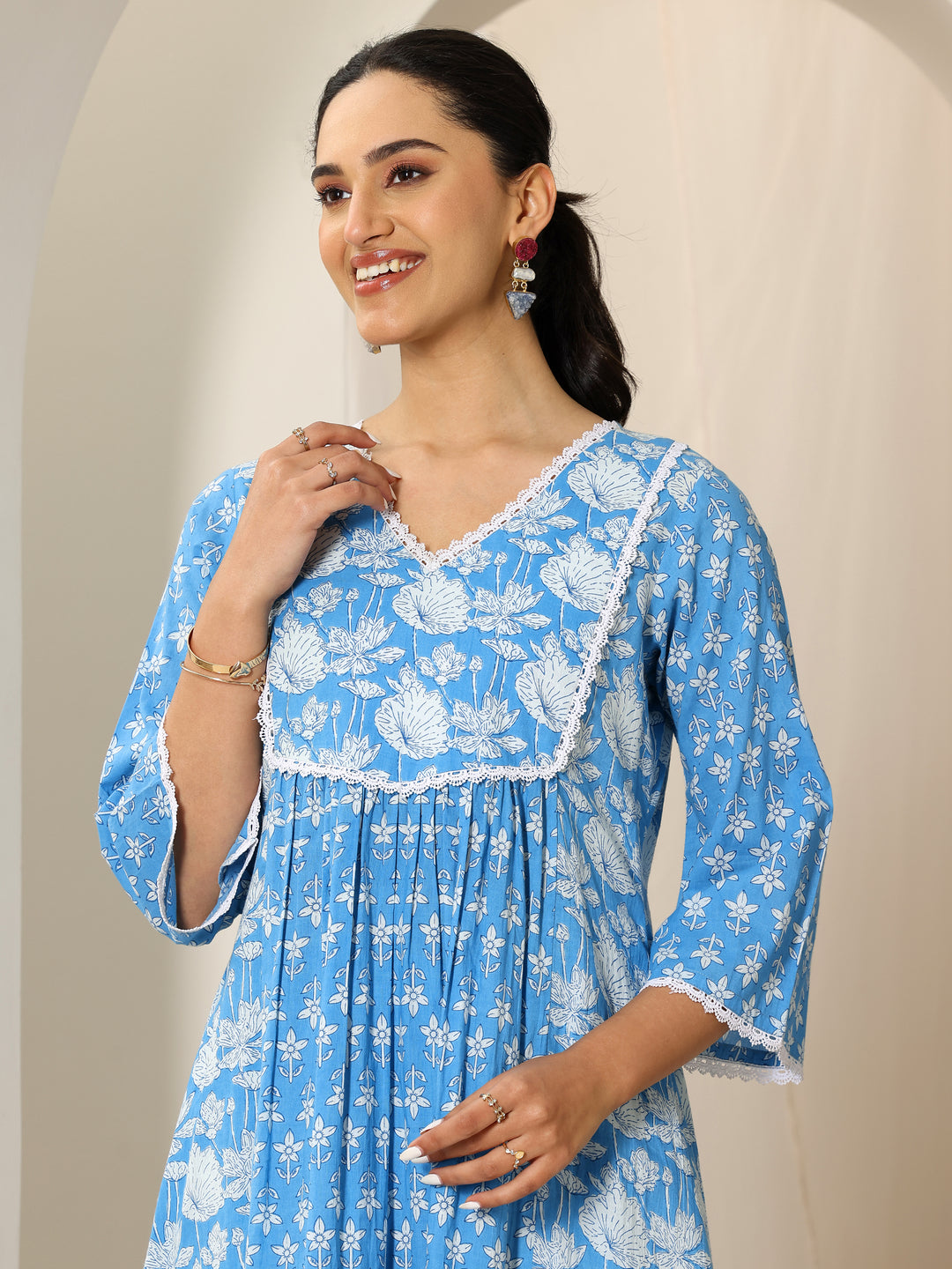 Blue Printed Pure Cotton A-Line Kurta Set
