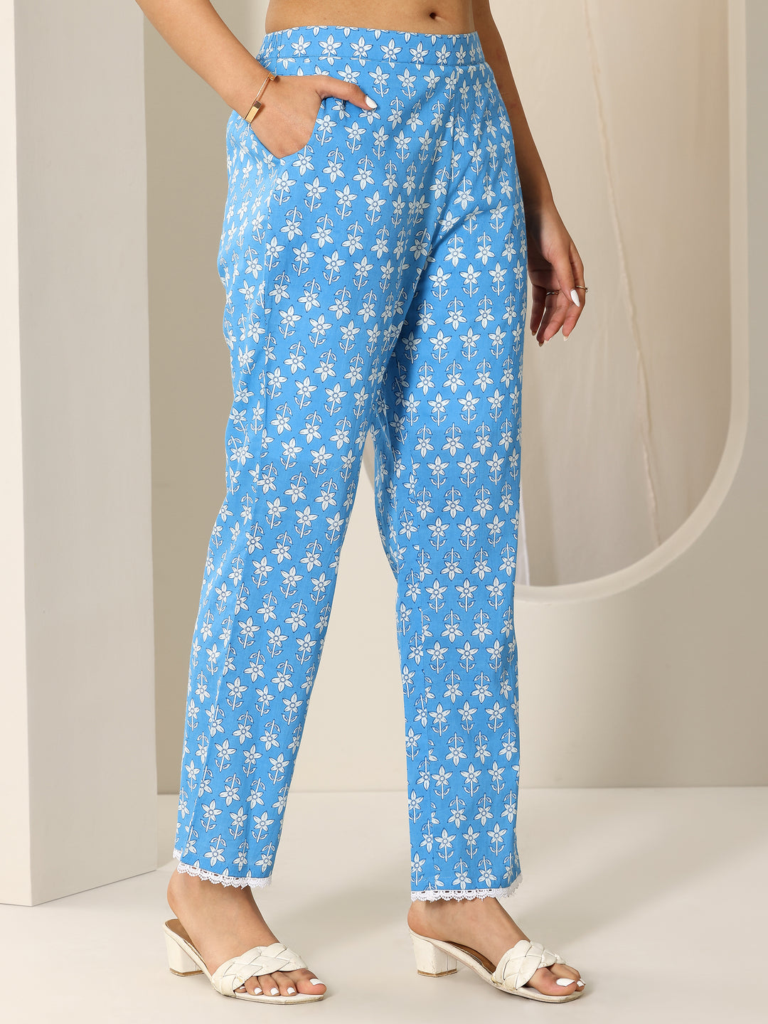 Blue Printed Pure Cotton A-Line Kurta Set