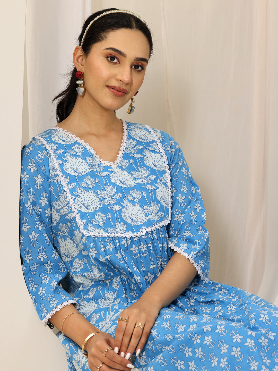 Blue Printed Pure Cotton A-Line Kurta Set
