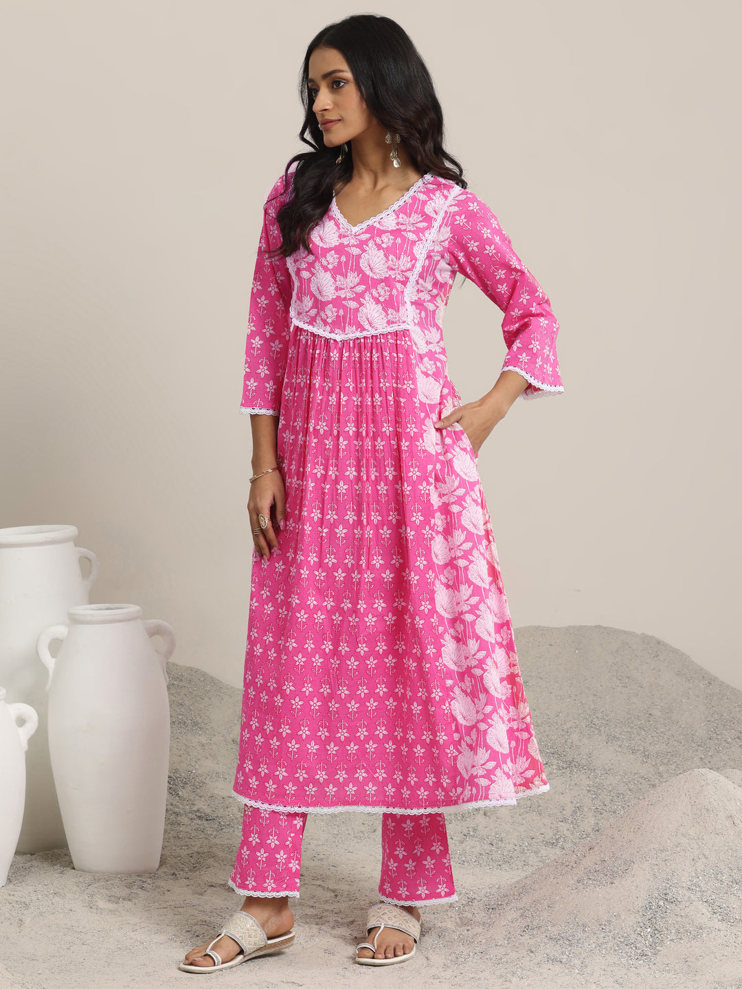 Pink Printed Cotton A-line  Kurta Set