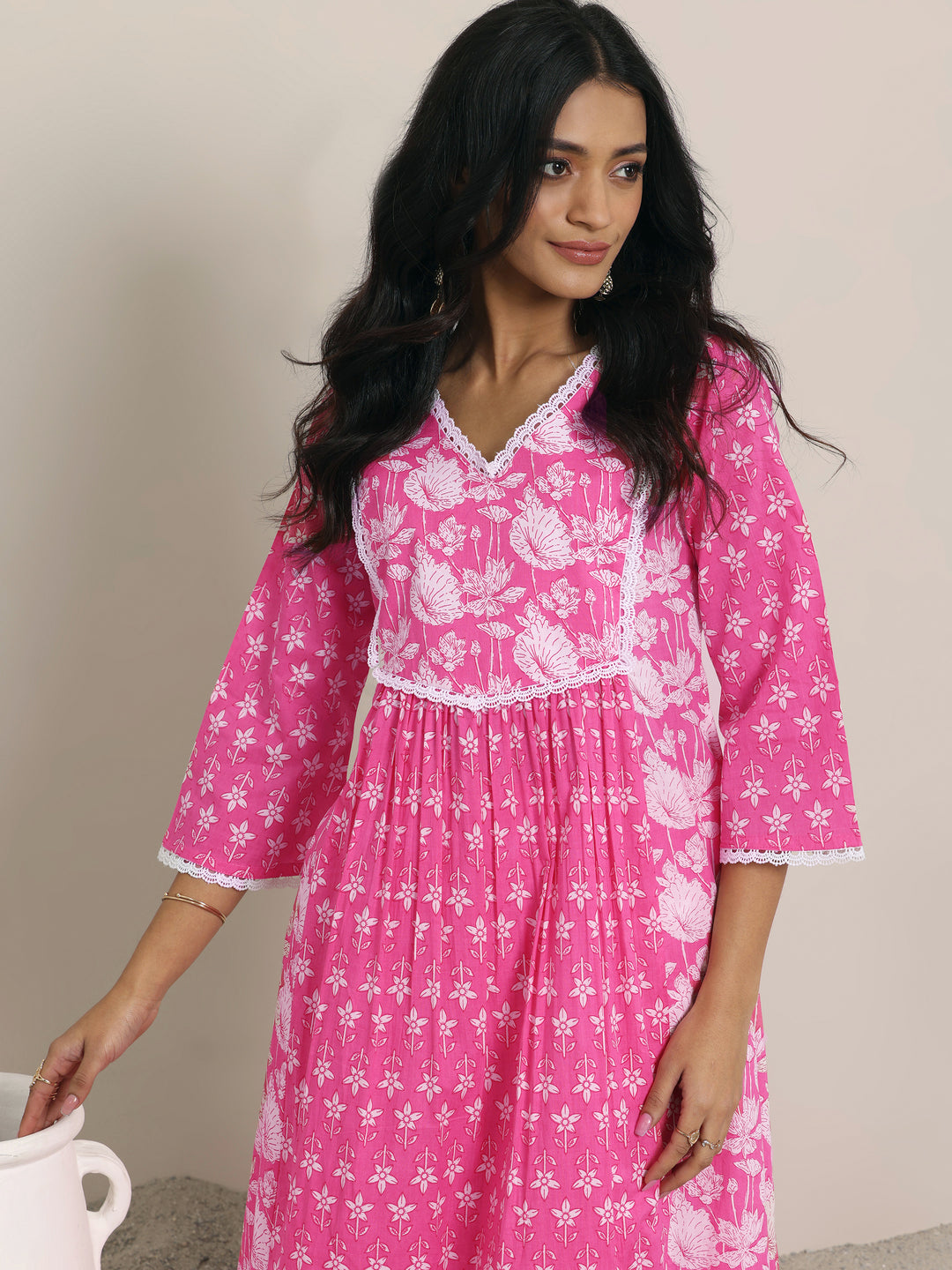 Pink Printed Cotton A-line  Kurta Set