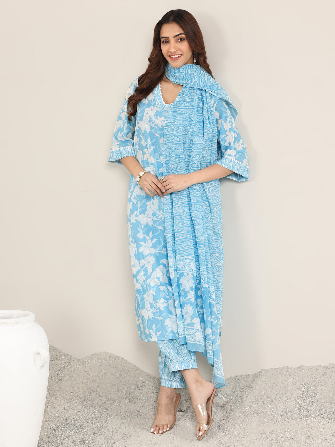 Blue Printed Cotton Straight Suit With Dupatta