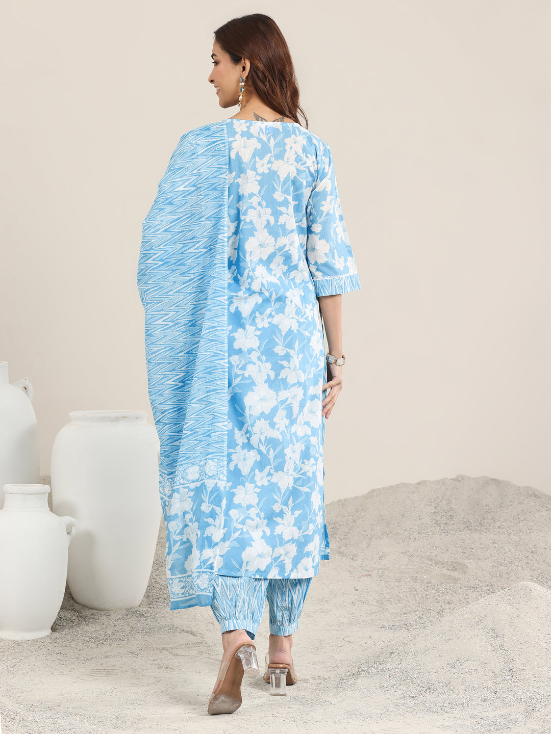 Blue Printed Cotton Straight Suit With Dupatta