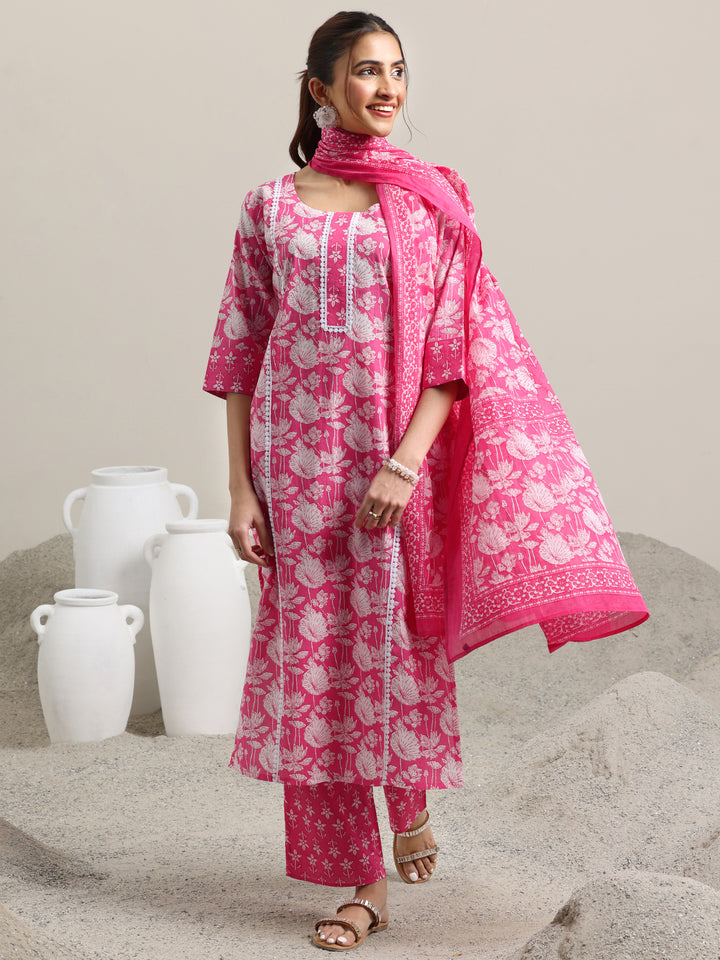 Pink Printed Cotton Straight Suit With Dupatta