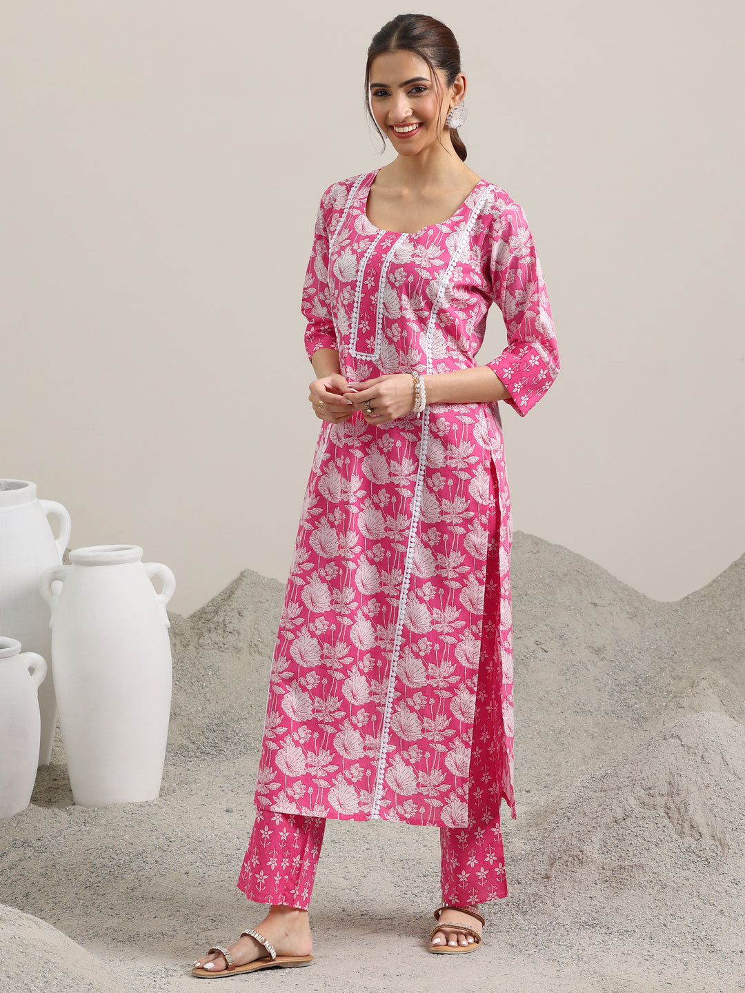 Pink Printed Cotton Straight Suit With Dupatta