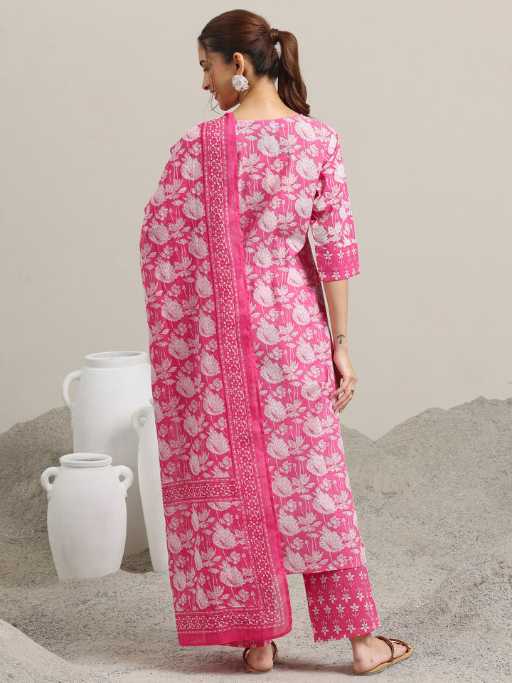 Pink Printed Cotton Straight Suit With Dupatta