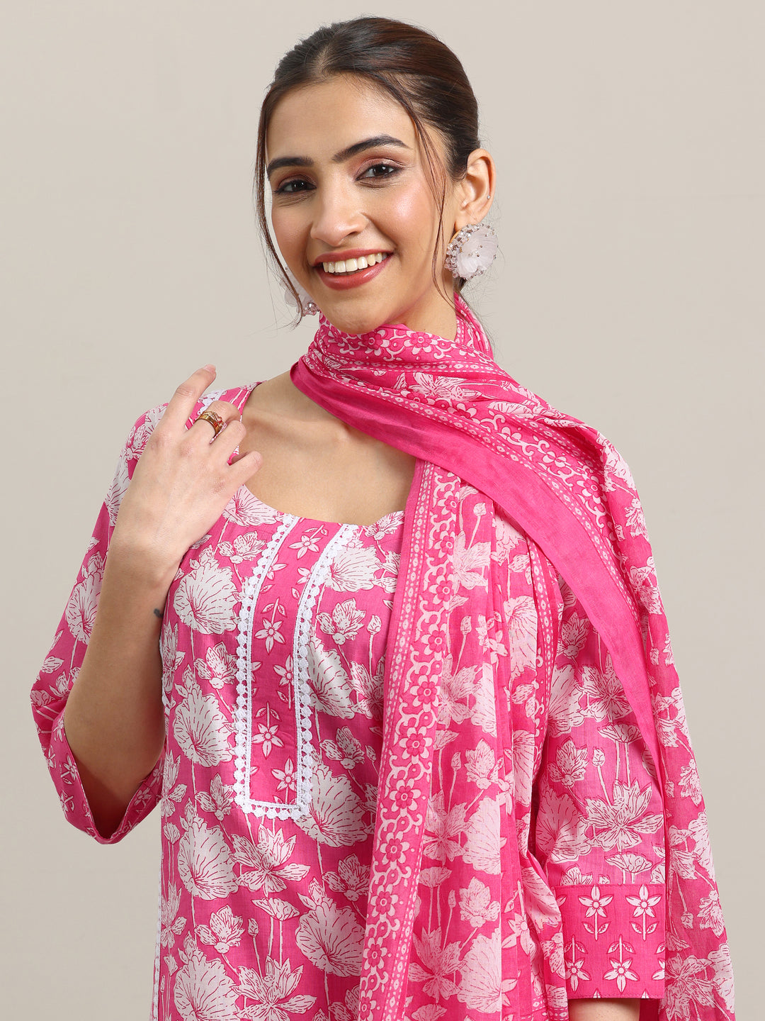 Pink Printed Cotton Straight Suit With Dupatta