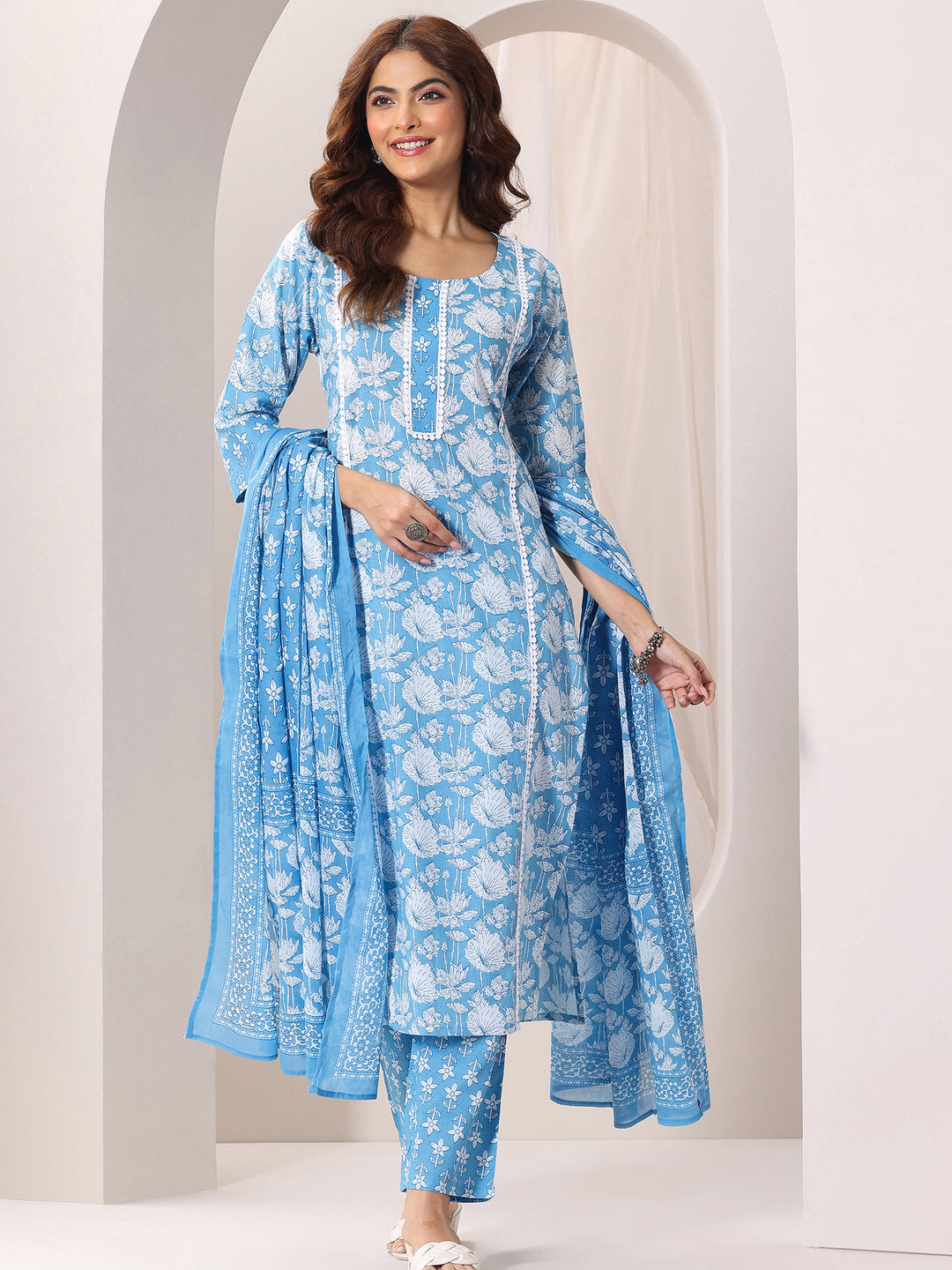 Blue Printed Cotton Straight Suit Set With Dupatta
