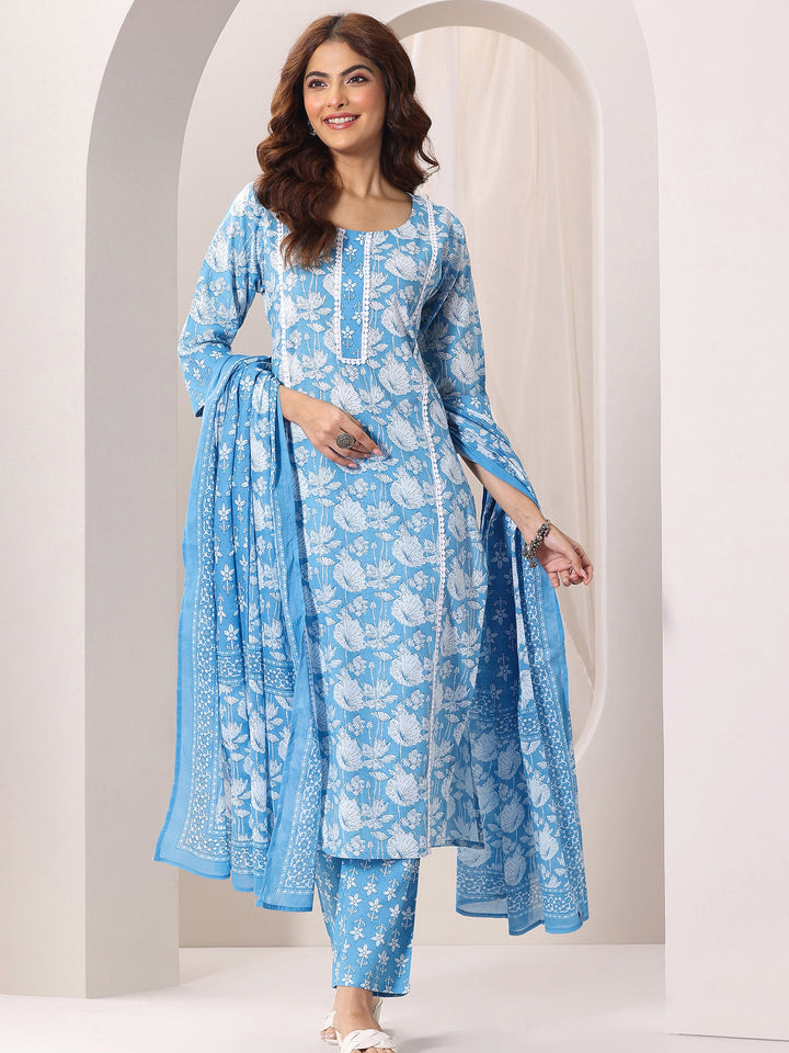 Blue Printed Cotton Straight Suit Set With Dupatta