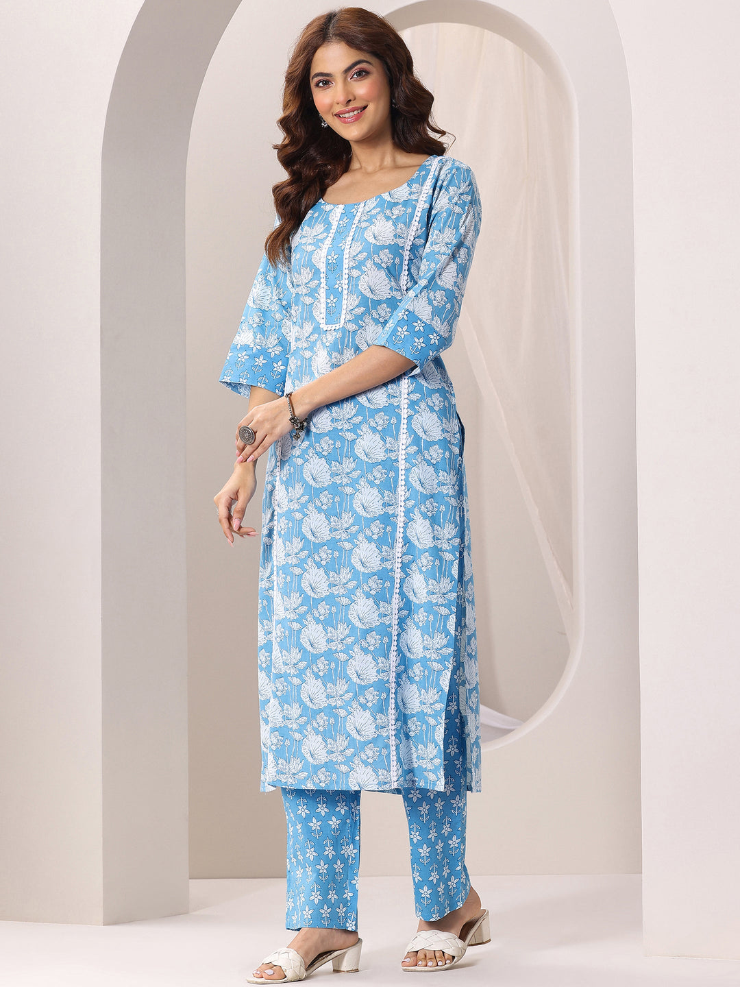 Blue Printed Cotton Straight Suit Set With Dupatta