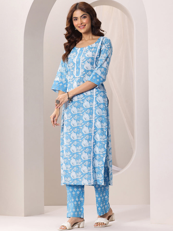 Blue Printed Cotton Straight Suit Set With Dupatta