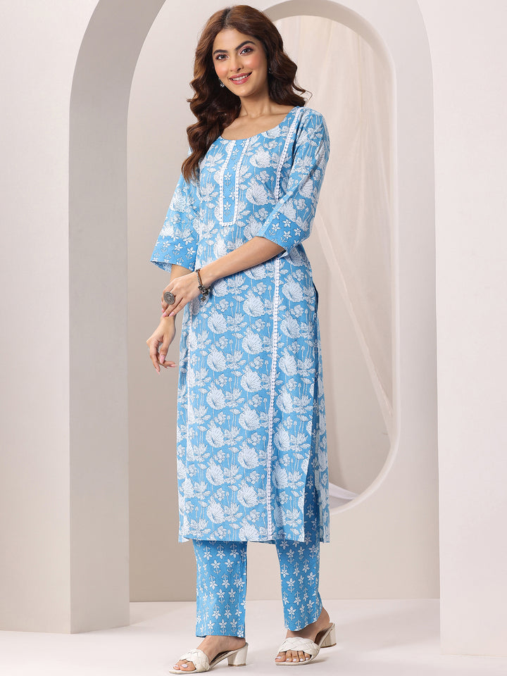 Blue Printed Cotton Straight Suit Set With Dupatta