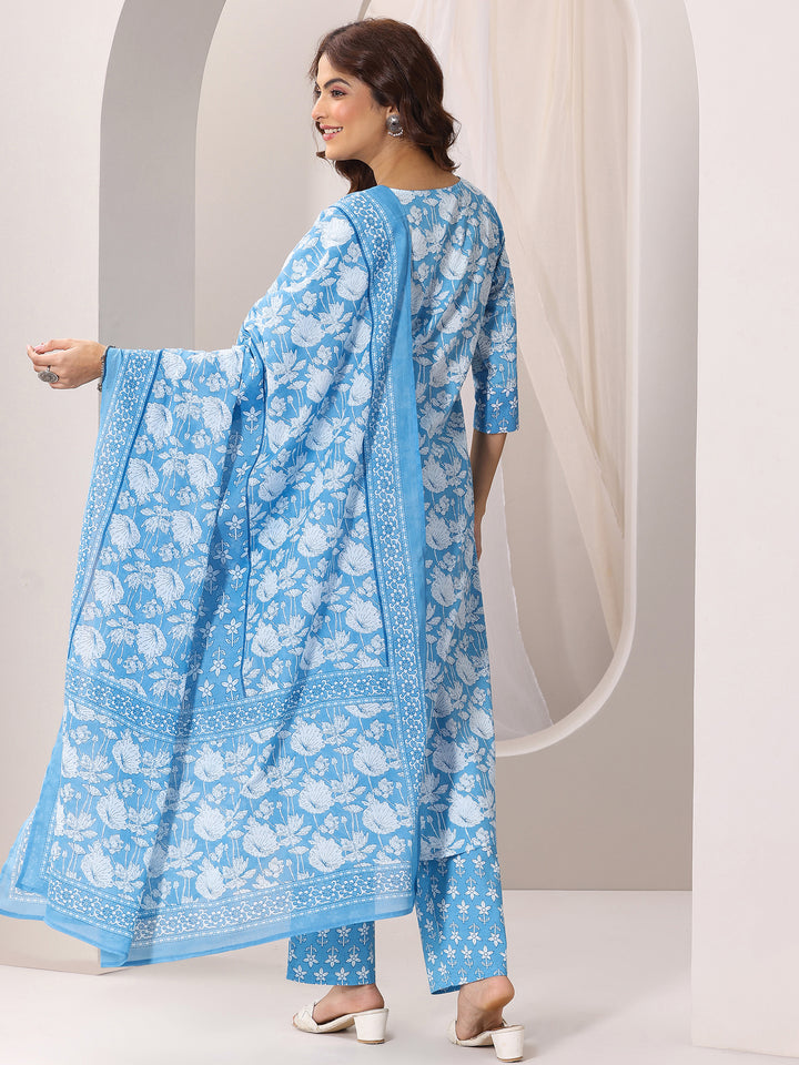 Blue Printed Cotton Straight Suit Set With Dupatta