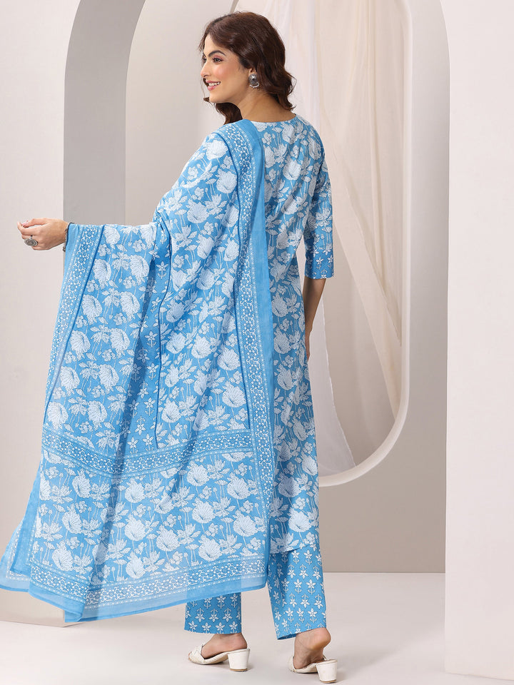 Blue Printed Cotton Straight Suit Set With Dupatta