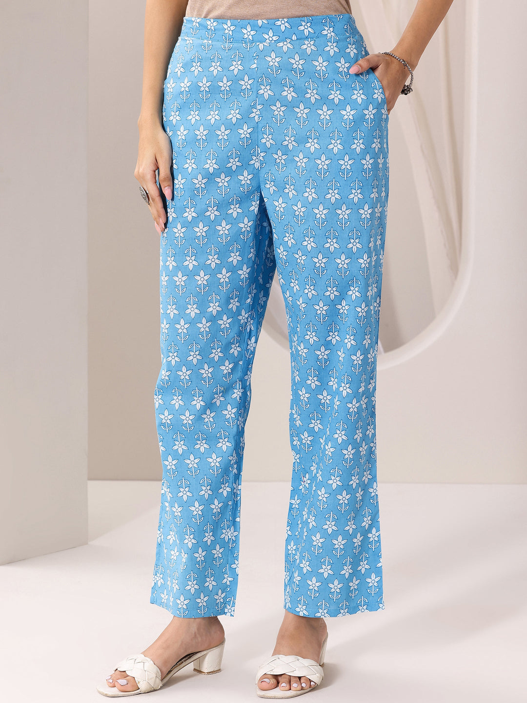 Blue Printed Cotton Straight Suit Set With Dupatta