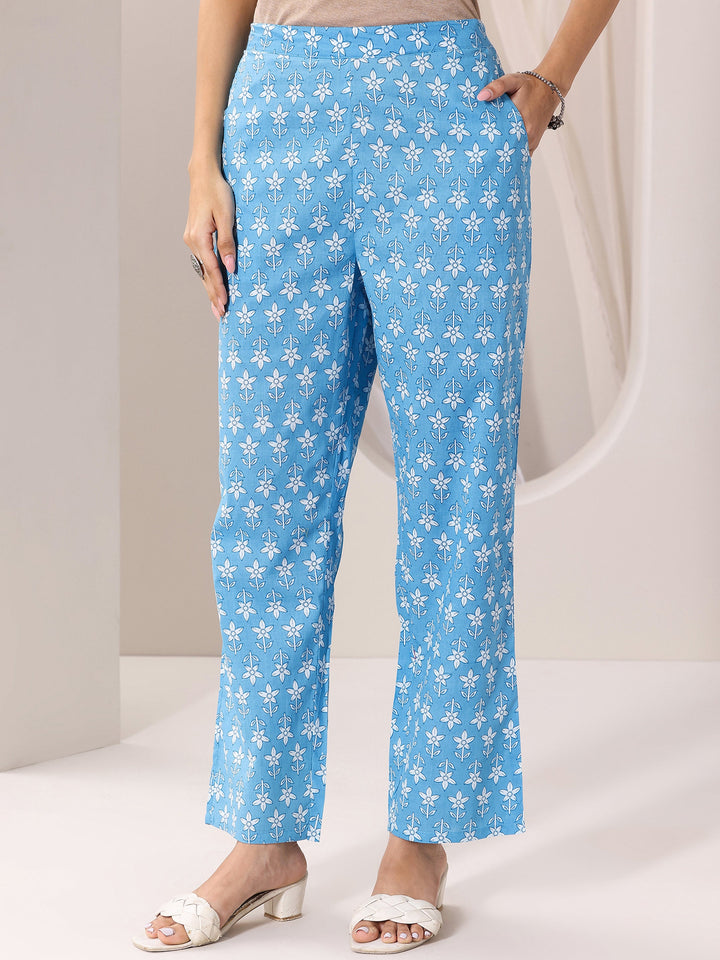 Blue Printed Cotton Straight Suit Set With Dupatta