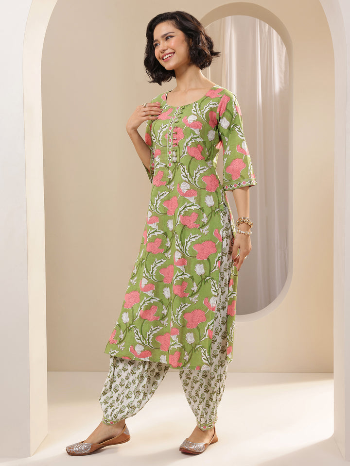 Green Printed Cotton Straight Suit Sets With Dupatta