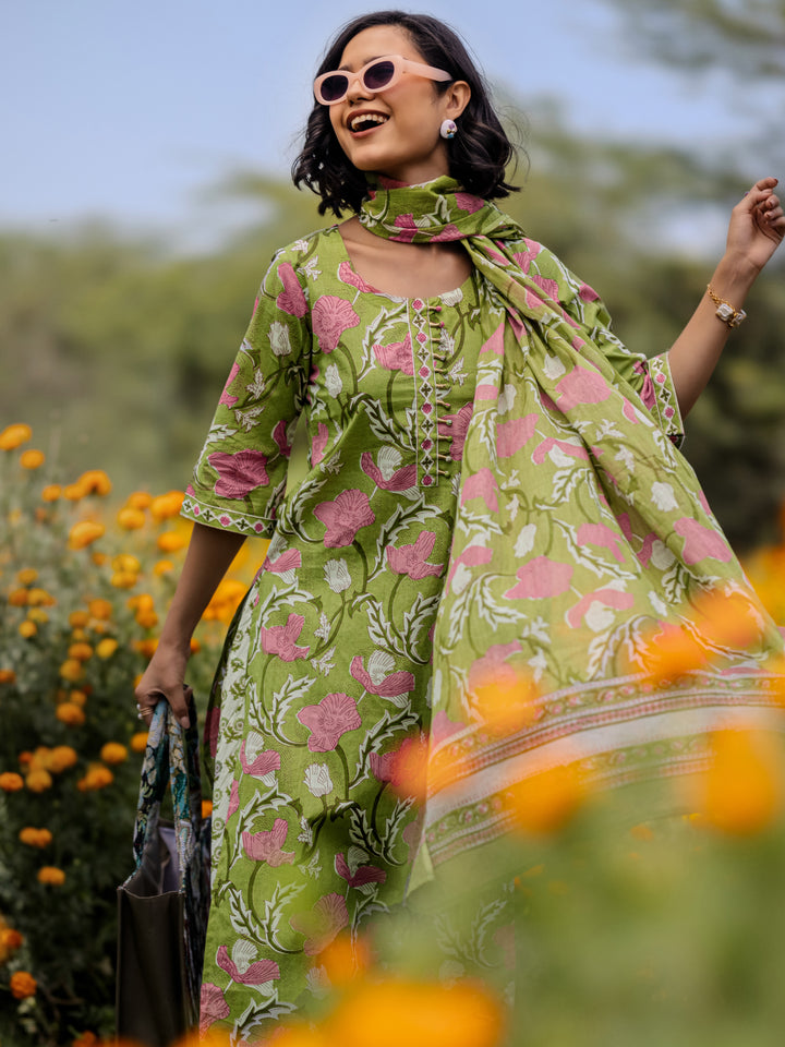 Green Printed Cotton Straight Suit Sets With Dupatta
