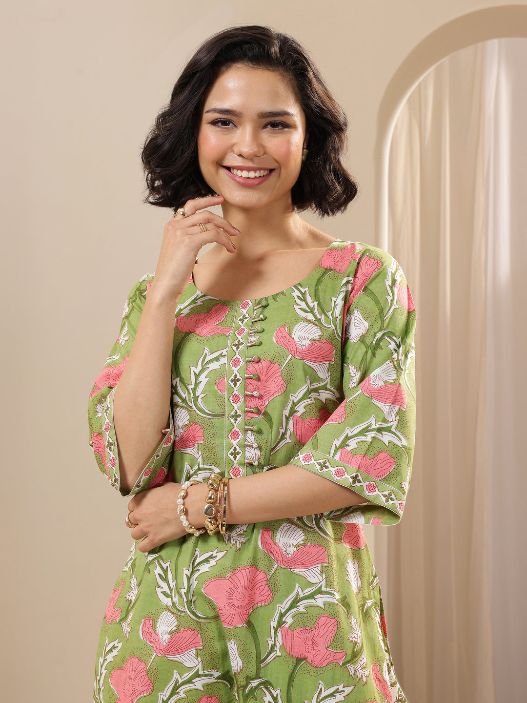 Green Printed Cotton Straight Suit Sets With Dupatta